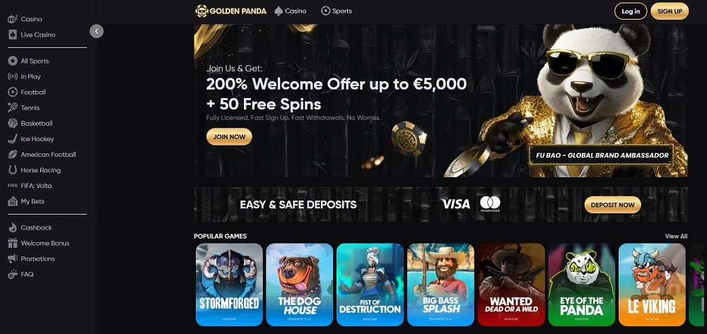 Screenshot der Golden Panda Casino-Startseite mit einem Werbebanner für '200% Willkommensangebot bis zu 5.000 € + 50 Freispiele' und beliebten Spielen wie The Dog House und Big Bass Splash.