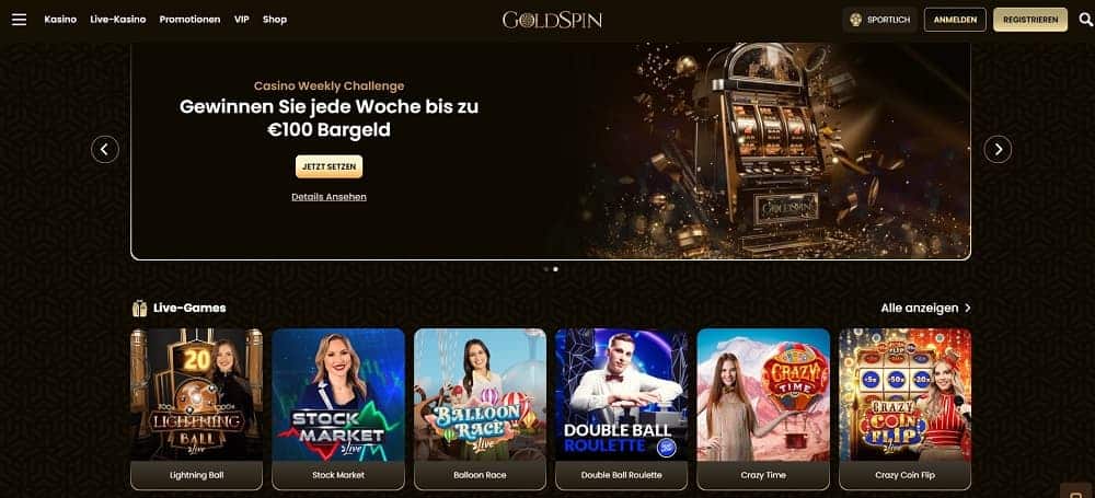 Screenshot der GoldSpin Casino-Startseite mit einem Banner für die 'Casino Weekly Challenge' und einem Gewinnangebot von 100 € Bargeld. 