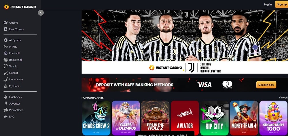 Screenshot der Instant Casino-Startseite mit Juventus-Partnerschaftsbanner und Casinospielen wie Chaos Crew 2.