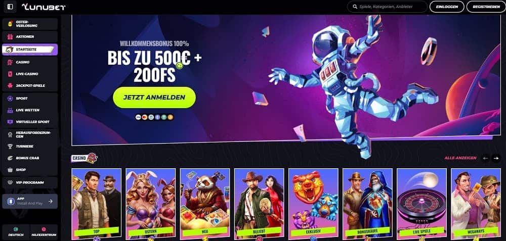 Screenshot der LunuBet Casino-Startseite mit einem weltraumbezogenen Willkommensbonus-Banner ('100% bis zu 500 € + 200 Freispiele') mit einem Astronauten und Casinochips. Darunter bunte Slot-Spielsymbole, mit einer Seitenleiste für Bereiche wie Casino, Live-Casino, Sport und VIP-Programm.